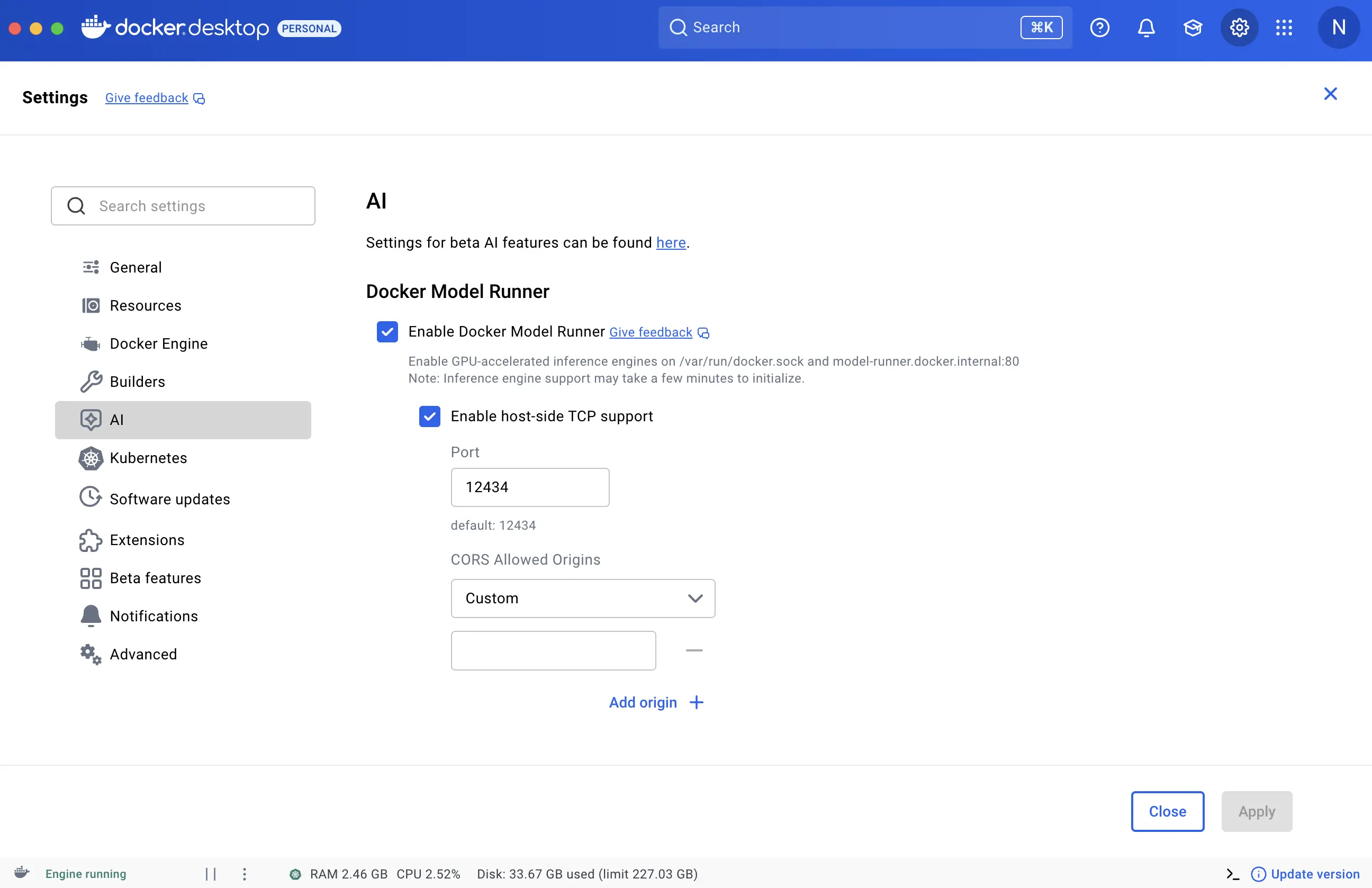 Docker Desktop Model Runner settings